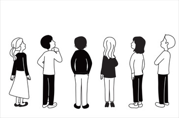 上を見上げる男性と女性の後ろ姿のイラスト	 線画
