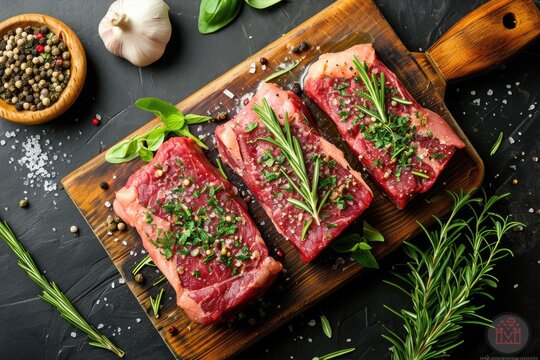 Top view of meat with garlic and herbs Healthy and balanced food