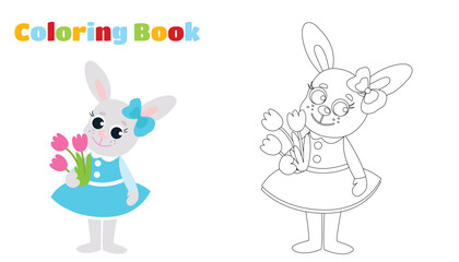 Coloring page.The Easter bunny is dressed in a blue dress and holds spring flowers pink tulips in her paws. Festive illustration in cartoon style.