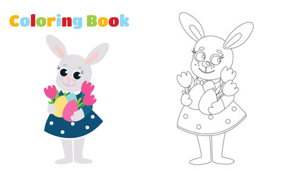 Coloring page. An Easter bunny in a dress holds a decorative egg and tulips in its paws. Festive illustration in cartoon style.