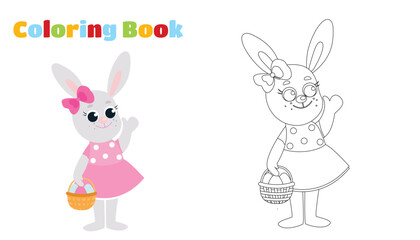Obraz na płótnie Canvas Coloring page. The Easter bunny is dressed in a dress and holds a basket with decorative eggs in his paws. Festive illustration in cartoon style.