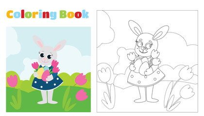 Coloring page. An Easter bunny in a dress holds a decorative egg and tulips in its paws. The animal is on a green meadow. Festive illustration in cartoon style.
