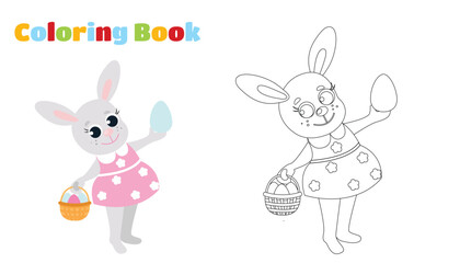 Obraz na płótnie Canvas Coloring page. The girl's bunny in the dress holds a basket with eggs in paws. Illustration in cartoon style.