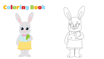 Obraz na płótnie Canvas Coloring page. The Easter Bunny holds a decorative egg in his paws. The character is happy and dressed in a shirt and a pants. Festive illustration in cartoon style.