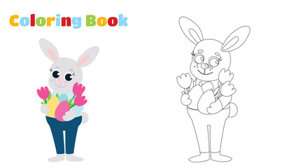 Coloring page. The Easter bunny is dressed in pants and a shirt and holds decorative eggs and spring tulips in his paws. Festive illustration in cartoon style.