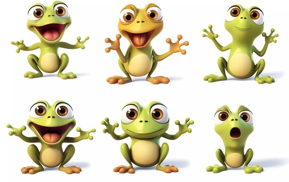collection of 3d illustrations of cute cartoon froglets, in various styles, on a white background. generative ai