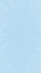 Snowfall overlay christmas background. Subtle flying snow flakes and stars on light blue winter backdrop. Festive snowfall overlay. Vertical vector illustration.