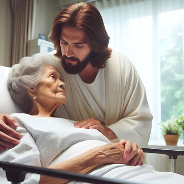 Jesus comforting old person at death bed. Concept of heaven coming.