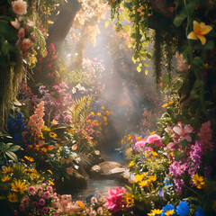 Magical garden, vibrant flowers, and fairytale-like scenery. Fantasy and whimsical style.