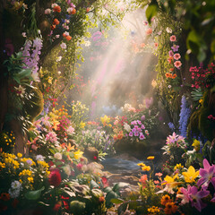 Fototapeta na wymiar Magical garden, vibrant flowers, and fairytale-like scenery. Fantasy and whimsical style.
