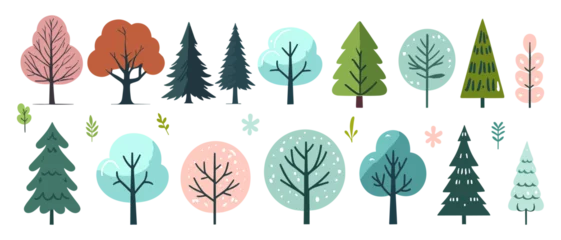 Foto op Plexiglas cute summer trees, vector isolated illustration of trees, leaves, fir trees, shrubs, sun, snow and clouds, elements of nature to create a landscape © Hermin studio