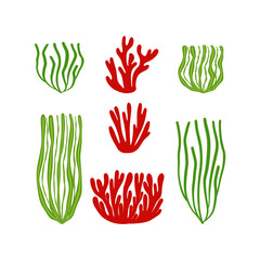 Seaweed and algae. Various seagrass and corals. Underwater and aquarium plant silhouettes. Design elements for seabed scene. Vector illustration isolated in white.