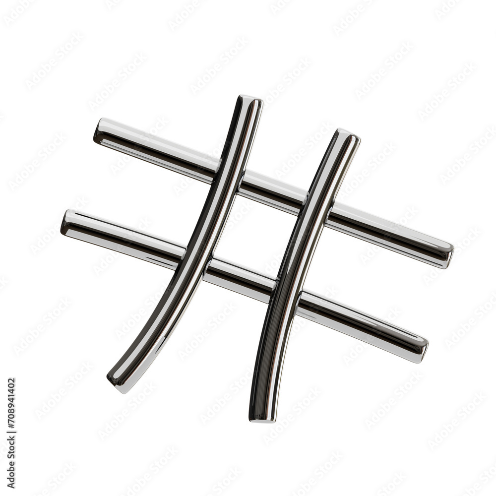 Poster hashtag symbol 3d shape chrome text. 3d illustration, 3d element, 3d rendering. 3d visualization iso