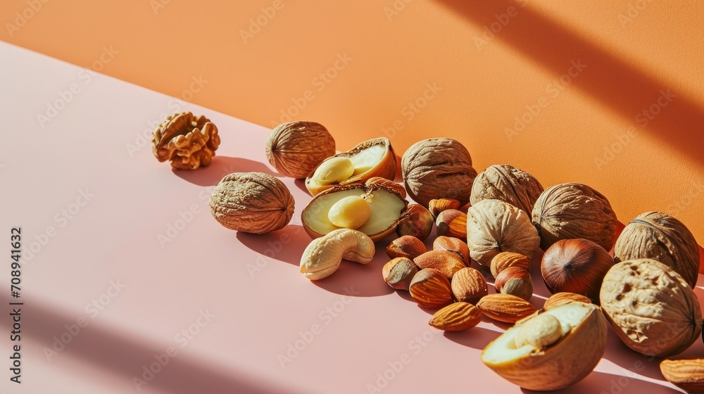Poster a group of nuts sitting next to each other on a pink and orange surface with one nut in the middle o