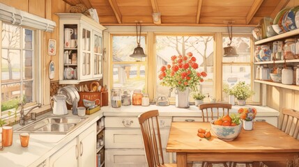 Cottagepunk-inspired watercolor painting featuring a quaint kitchen adorned with maple syrup Generative AI - obrazy, fototapety, plakaty