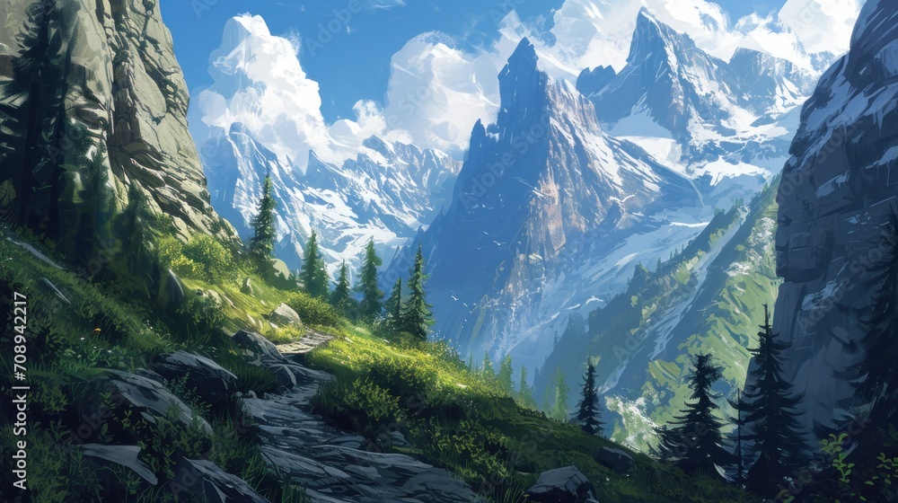 Poster a painting of a mountain scene with a path leading up to the top of a grassy hill with trees on both