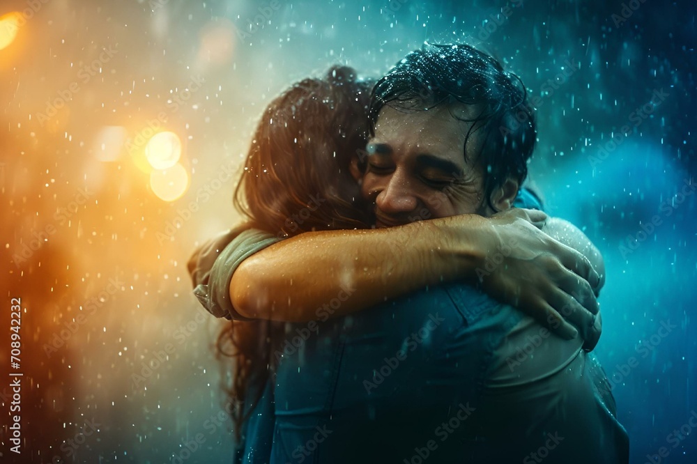 Wall mural ai generated illustration of a man hugging a woman in the rain - Wall murals