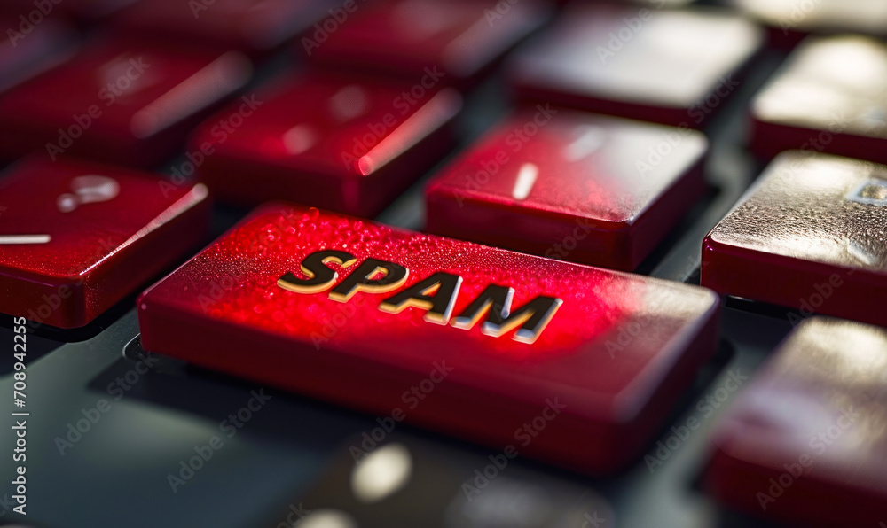Poster red spam alert button on a keyboard illustrating cybersecurity threats and email filtering concepts 