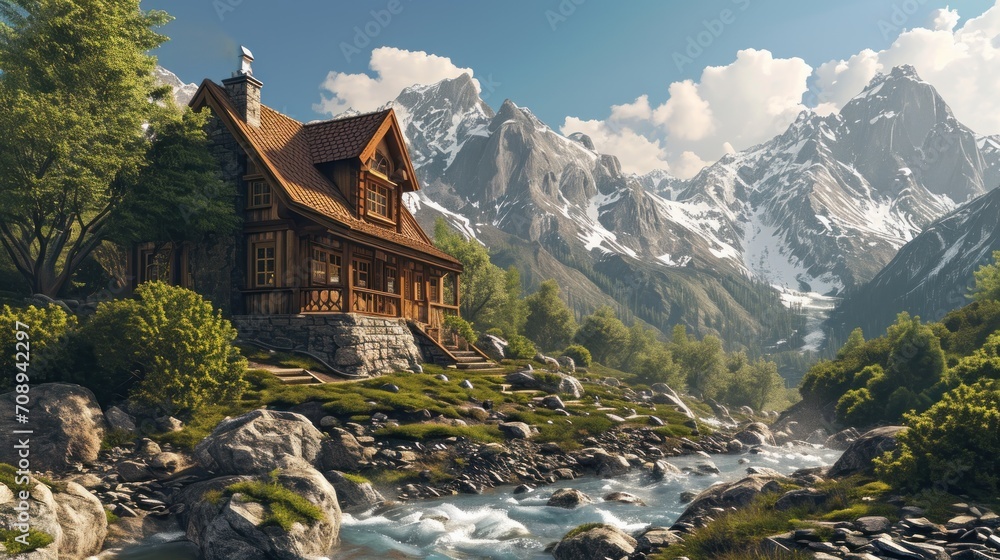 Poster a painting of a house in the mountains with a stream running through the foreground and a mountain r