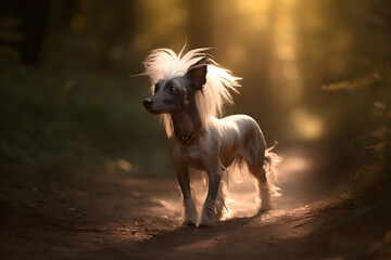 Chinese crested dog walks through the forest.