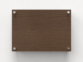 Blank A4 dark wood plate. Office corporate signage plate Mock Up template for branding, logo....