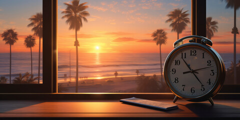 Embracing Limited Time: Visualizing the Concept with a Retro Alarm Clock on a Tropical Beach - Countdown to a Serene Summer Morning by the Ocean - obrazy, fototapety, plakaty
