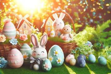 Spring mood Easter eggs in a basket on the grass with toy bunnies on a sunny day