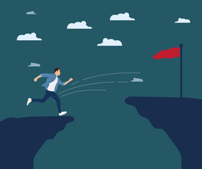 Determined young man running to jump off a steep cliff to conquer victory or finish line goal. Success concept vector illustration.