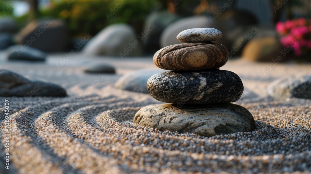Poster a pile of rocks stacked on top of each other on top of a sandy area with a pink flower in the middle