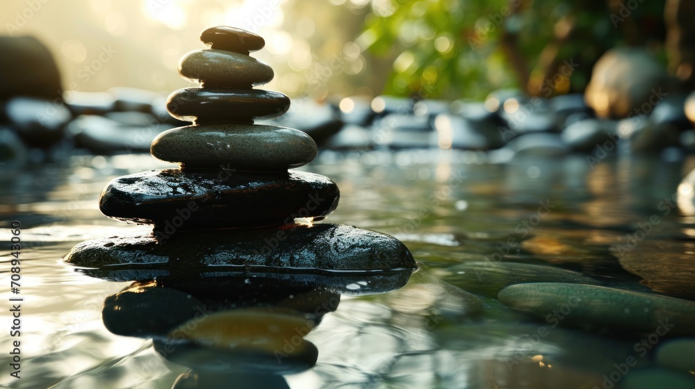 Poster a pile of rocks stacked on top of each other on top of a wet surface next to a tree and a body of wa
