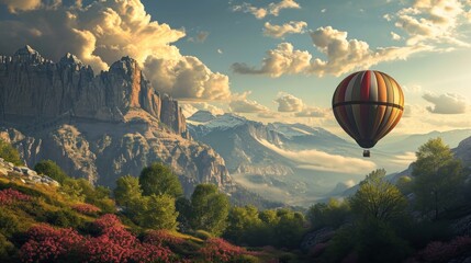  a painting of a hot air balloon flying in the sky over a mountain range with trees and flowers in the foreground and a mountain range with clouds in the background.