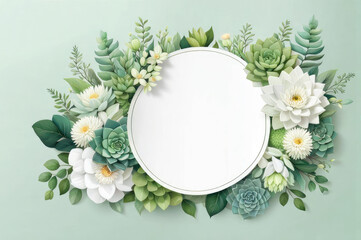 Green background with spring floral succulents with round frame. Design templates for postcard, poster, business card, flyer, magazine, social media post, banner, wedding invitation