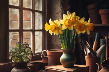 Neat small bouquet golden daffodil flower in pot on wooden table, Bouquet of yellow daffodils in vase on windowsill