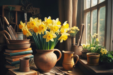 Neat small bouquet golden daffodil flower in pot on wooden table, Bouquet of yellow daffodils in vase on windowsill - obrazy, fototapety, plakaty