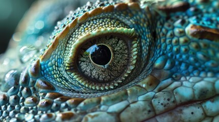 Fototapeta premium a close up of a lizard's eye with drops of water on it's furthest part of it's body and it's outer part.