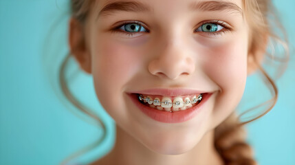 Smiling girl with braces on her teeth. Orthodontics and dental health.