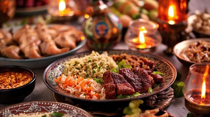 Delicious iftar items on table with candles