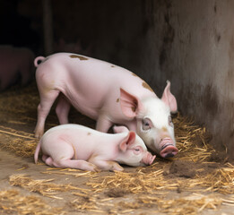 Fototapeta premium Pig with small pigs in village.