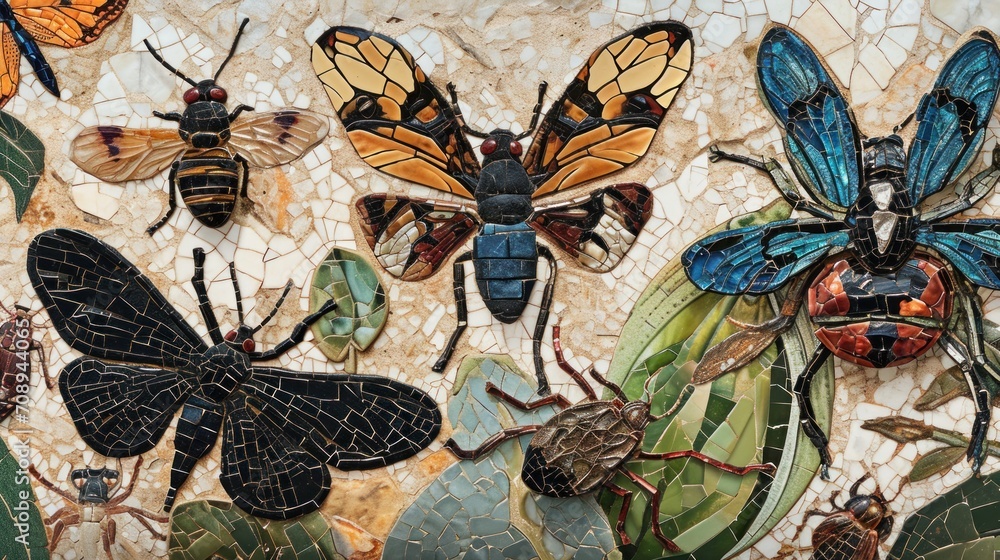 Poster a group of colorful bugs sitting on top of a mosaic tile wall covered in lots of different shapes an