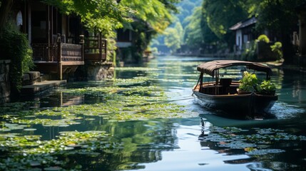 Jiangnan Ancient Town, River Water, Boats - obrazy, fototapety, plakaty