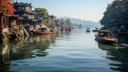 Naklejka premium Jiangnan Ancient Town, River Water, Boats