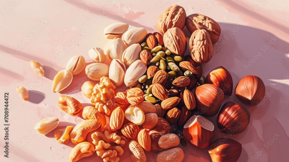 Poster a pile of nuts sitting next to each other on a pink surface with a shadow of a person's hand reachin