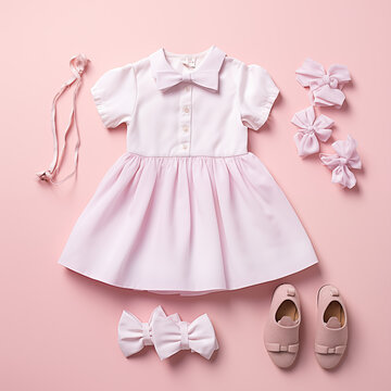 photo of baby child clothes with accessories or props top front view pink color frock suites with hair band and shoes in pink background	
