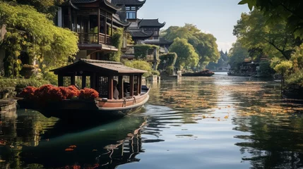 Poster de jardin Paris Jiangnan Ancient Town, River Water, Boats