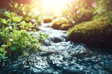Gentle light spring illuminates slowly flowing stream, and scenery spring where young grasses and sprouts begin to grow, concept protecting nature and awakening nature - obrazy, fototapety, plakaty