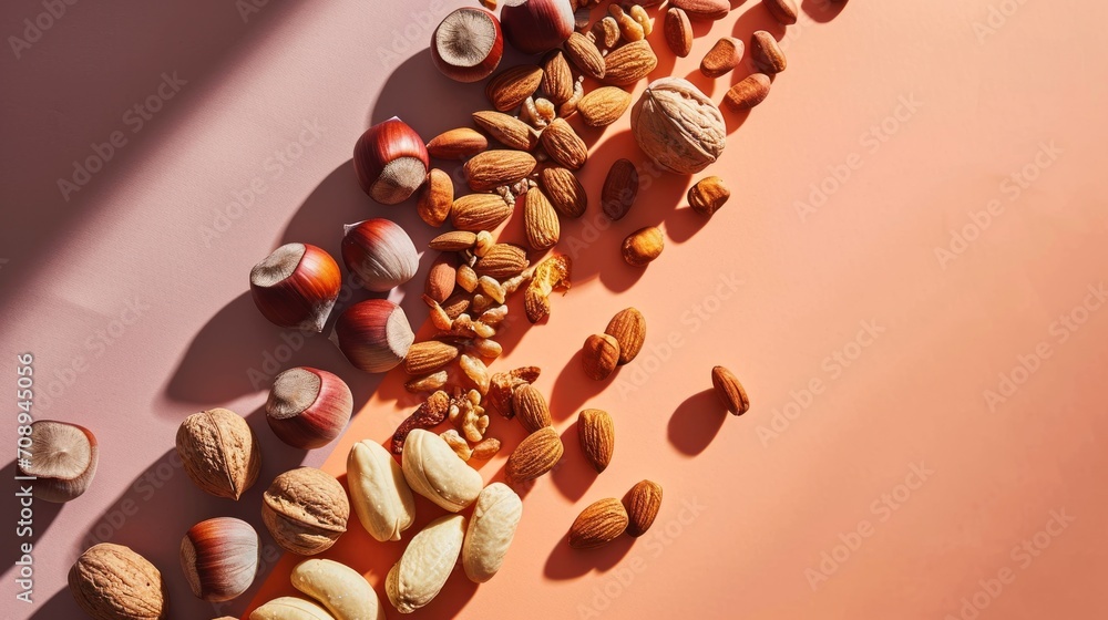 Poster a group of nuts sitting next to each other on top of a peach colored surface with a shadow of a pers