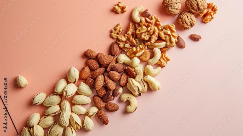 Aufkleber a pile of nuts sitting on top of a table next to a string of nuts on top of a pink surface next to a