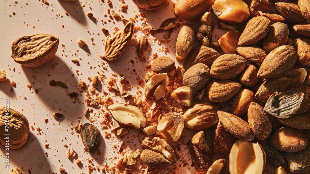 Poster a pile of nuts sitting next to each other on a white surface next to a pile of nuts on top of a whit