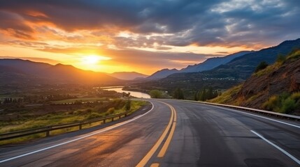 Road and mountain natural landscape at sunset