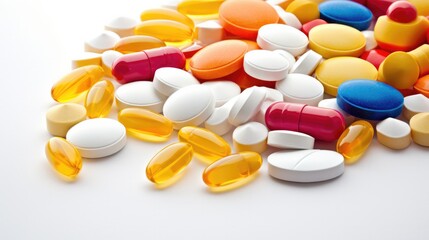 Top view multicolored pharmaceutical pills and capsules healthcare medication.